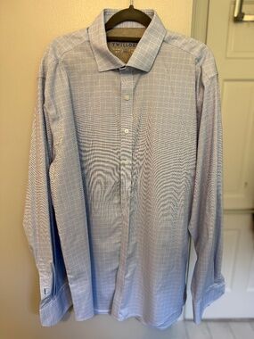 Twillory Mens Light Blue Windowpane Check Performance Dress Shirt 17.5/36-37